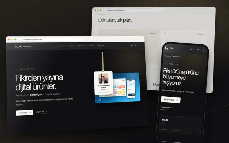 BEG Danışmanlık: the live site's home page on desktop and phone