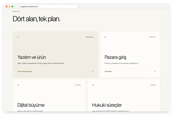 BEG Danışmanlık: Hizmetler sayfası: dört alan, tek plan