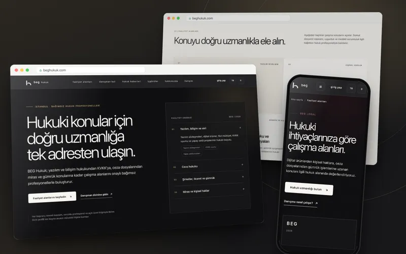 BEG Hukuk: the live site's home page on desktop and phone