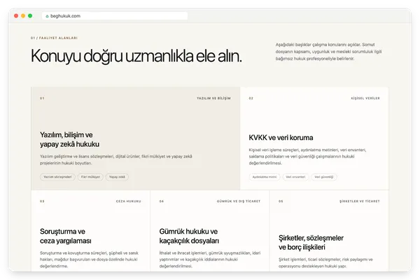 BEG Hukuk: Çalışma alanı kartları