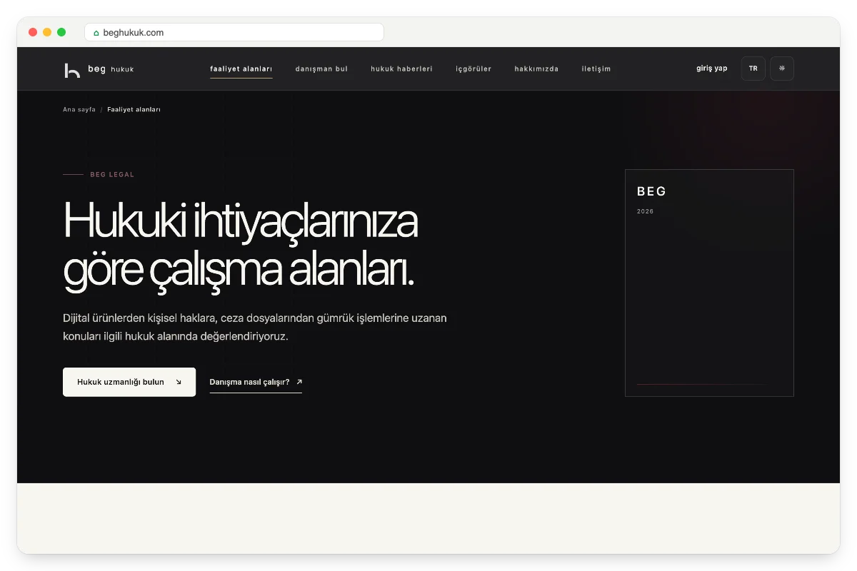 Çalışma alanları sayfası