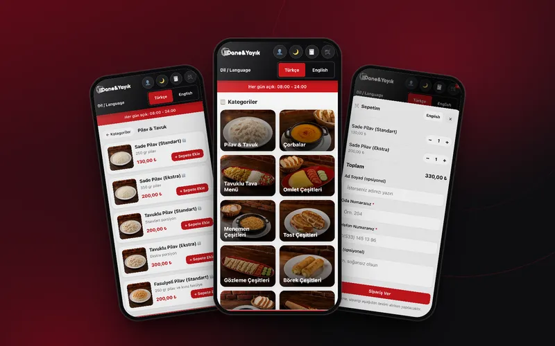 Dane Yayık QR Menu: the live menu's category screen on desktop and phone