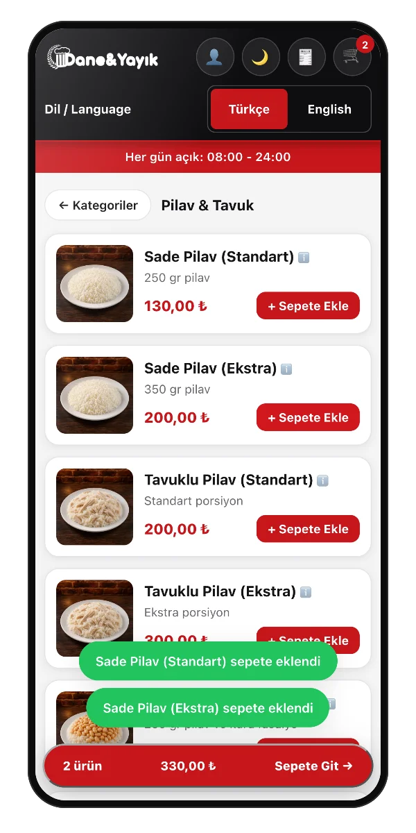 Sepete ekleme bildirimi