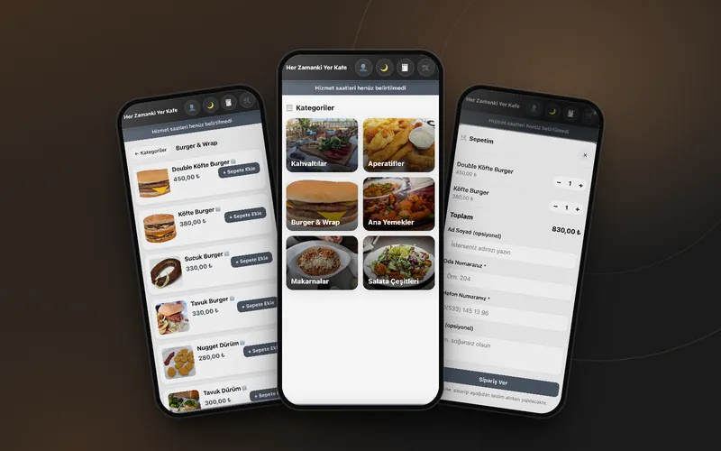 Her Zamanki Yer Cafe QR Menu: category and product screens from the menu