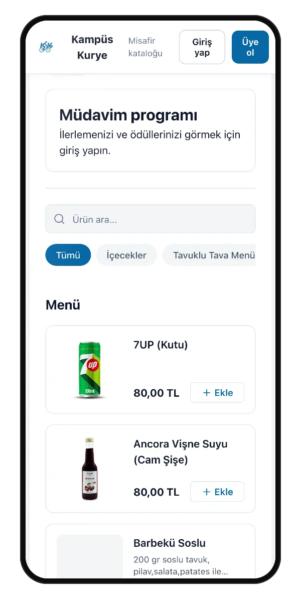 Menü ve sepete ekleme