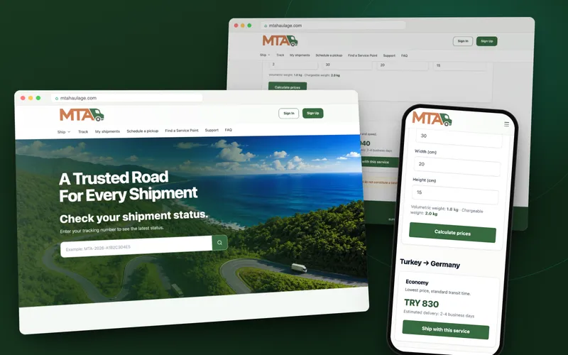 MTA Haulage: shipment tracking on the live site, desktop and phone