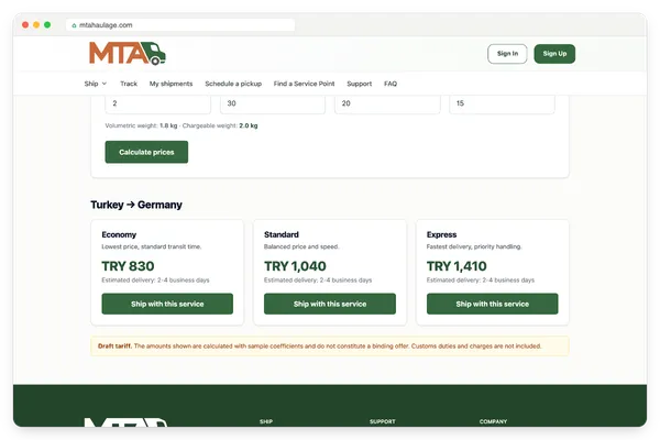 MTA Haulage: Hızlı fiyat teklifi sonuçları