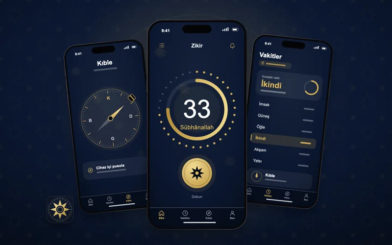 Zikir App: zikir sayacı, vakitler ve kıble ekranlarını gösteren üç iPhone