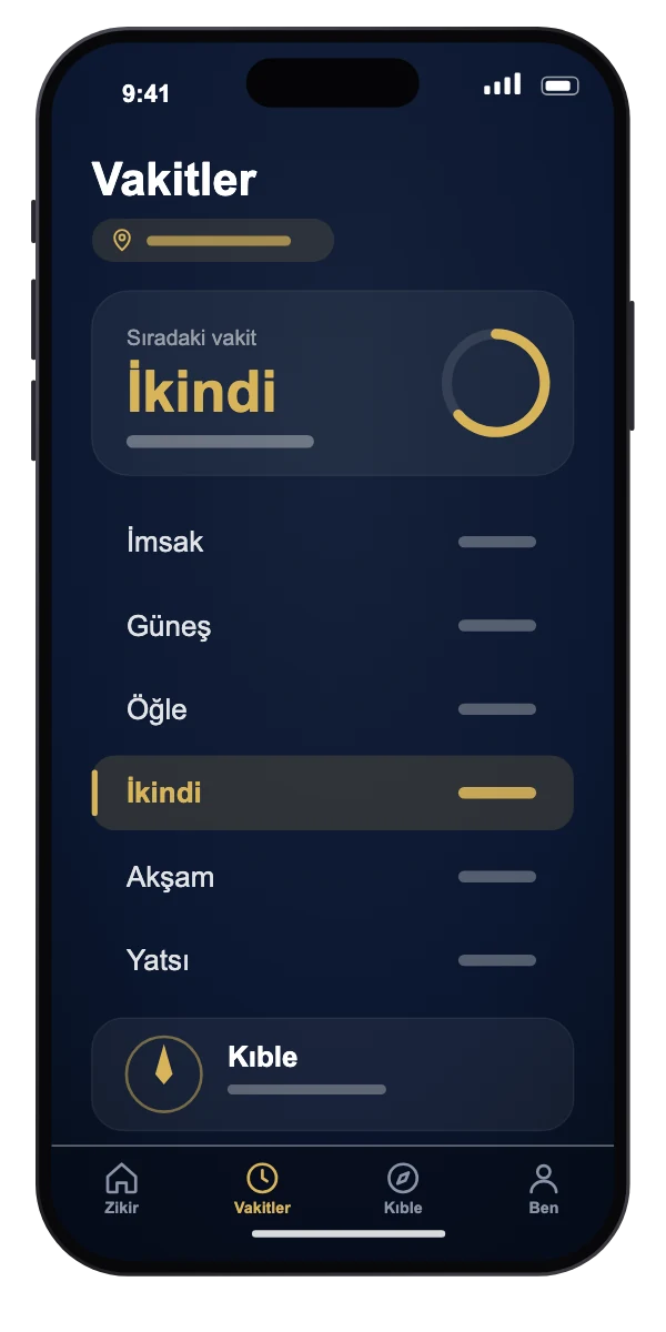 Zikir App prayer times screen (times as placeholders)